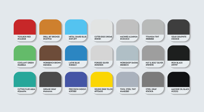 Machinist Color Palette – Machinist catalog sample Themed Color Swatch Guide with HEX Codes. Machinist Professions Color Palette featuring technology inspired and Machinist themed tones. ash tone mix