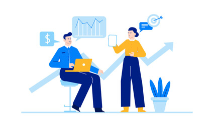 Two people collaborate using a laptop and tablet, perfect for team projects, remote work, coworking spaces, technology concepts.