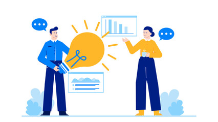 Two colleagues brainstorming with a lightbulb idea, suitable for business, teamwork, creativity concepts in presentations, websites, and marketing materials.