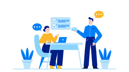 Man giving woman blue envelope, suitable for concepts of gift giving, surprises, invitations, weddings, and special events in various settings.