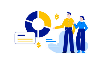 Man and woman analyze data on a pie chart in a discussion. Suitable for presentations, business reports, teamwork concepts.