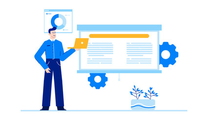 Man holding laptop in front of a presentation board, perfect for business presentations, technology blogs, online courses, and digital marketing.