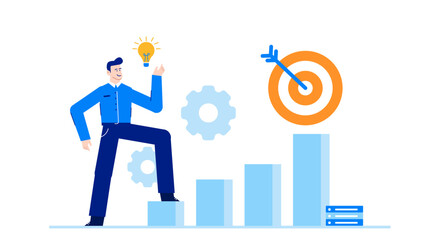 Innovative concept showing man with lightbulb climbing steps towards target. Ideal for illustrating creativity, leadership, innovation, problem solving, and success.