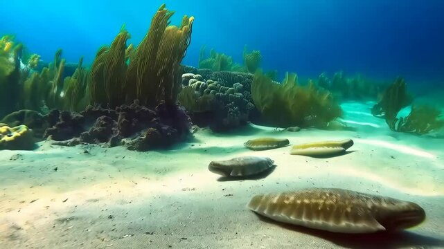 Group of sea hares moving across sandy ocean floor with coral reef ecosystem background