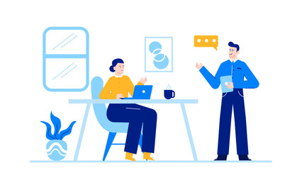 Two people conversing in an office. Suitable for business meeting, negotiations, discussions, workplace communication, office environment, and teamwork concepts.