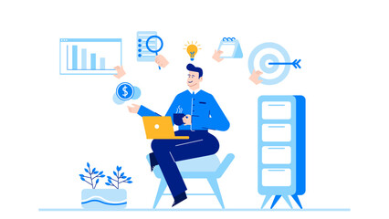 Man working on laptop on a chair, suitable for technology, remote work, telecommuting, digital nomad, freelance, work from home concepts.