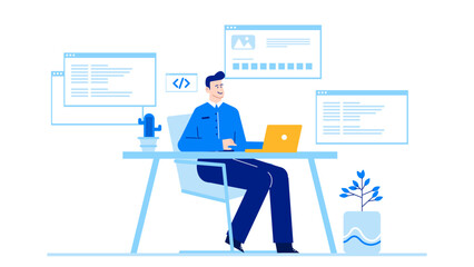 Man working on laptop at desk with cactus and plant, ideal for remote work, home office, technology, modern workspace concepts.