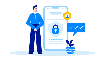Man stands by phone with padlock and checkmarks, ideal for cybersecurity or privacy concept in digital technology presentations.