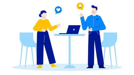 Two people conversing over a laptop at a table. Suitable for business, technology, communication, teamwork, collaboration concepts.