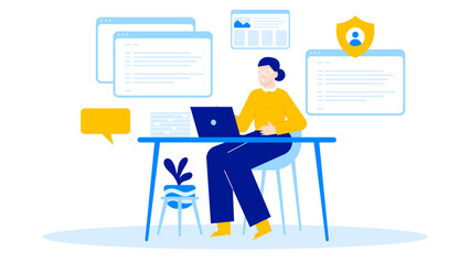 Woman at a desk with a laptop and a speech bubble. Suitable for business communication concepts, virtual meetings, and creative brainstorming.