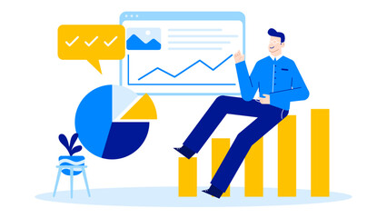 Man analyzing data on yellow bars for business presentation, suitable for financial reports, data analysis, market trends and business concepts.