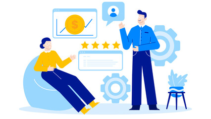 Two people discussing business growth, emphasizing five star rating. Suitable for marketing materials, presentations, and business concept designs.