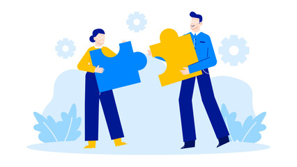 Two people holding complementary puzzle pieces. Suitable for teamwork, collaboration, problem solving, partnerships, relationships, and unity concepts in various designs.