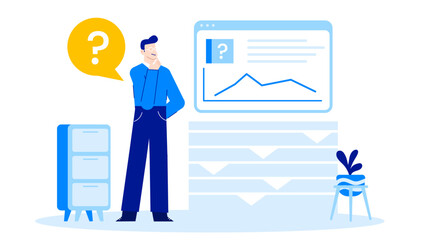 Man pondering a chart suitable for business presentations, financial reports, data analysis blogs, and educational materials on decision making processes.