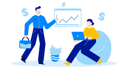 Two people analyzing a business graph on laptop, suitable for presentations, reports, finance blogs, team meetings, business consultations.