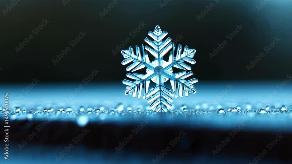 Poster close-up of a symmetrical ice crystal snowflake resting on a surface covered with tiny water droplet
