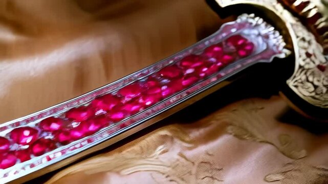Ornate ceremonial dagger with ruby colored gems on silk, showcasing meticulous craftsmanship and cultural significance, luxurious texture and shine.