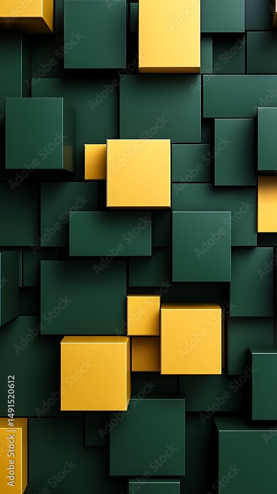 Poster overlapping yellow cubes juxtapose against a background of matte, dimensional dark green cubes, crea