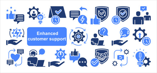 Enhanced customer support icon collection set. Containing assistance, helpdesk, service, satisfaction, resolution, feedback, response icon. Simple flat vector illustration.