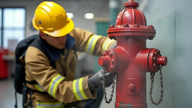 Firefighter specialist installs or inspects fire hydrant in office