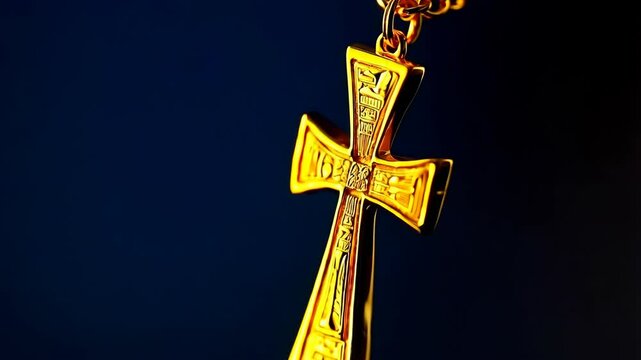 Close-up of a golden religious cross pendant with intricate ornamental details suspended from a golden chain on a navy blue background.