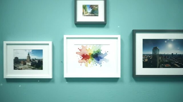 Framed Photos Collection on Teal Wall Creating a Gallery Exhibition and Modern Interior Design