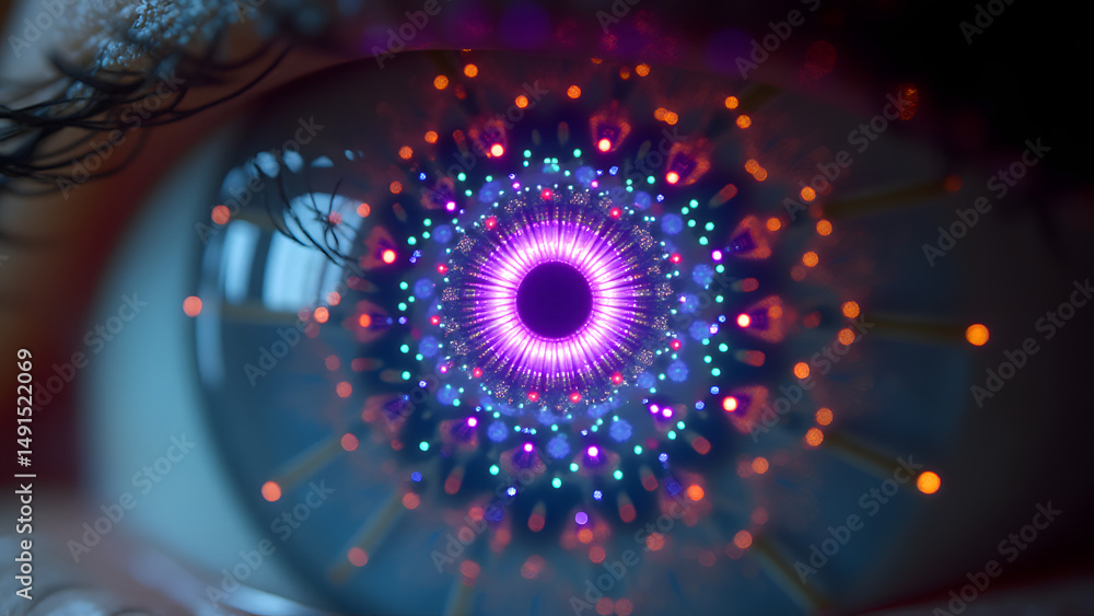 Aufkleber photonic circuit matrix with elliptical layers and radial wires, emitting prismatic light from quant