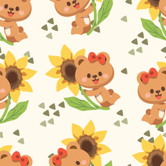Seamless pattern cartoon of Little bear hugs sunflower. It is a kawaii character cartoon. Pattern design for wrapping paper, wallpaper and fashion prints.
