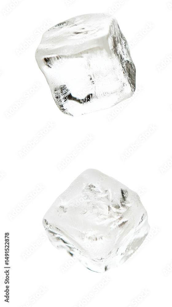 Poster close-up of clear ice cubes with transparent surface on white background for refreshing cold drink o