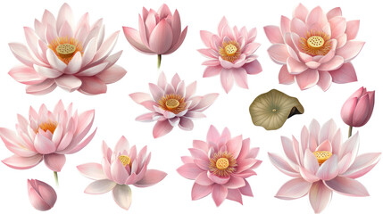 Watercolor Pink Blooming Lotus Flowers Clipart — Floral Botanical Illustration on Transparent Background

