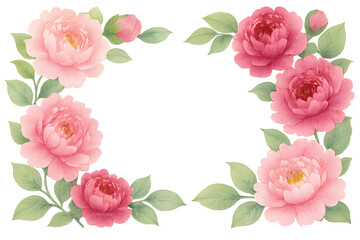 Watercolor peony floral frame with green leaves isolated on transparent background