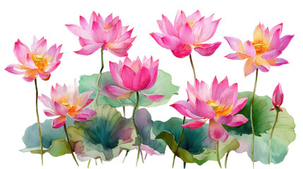 Watercolor Pink Blooming Lotus Flowers Clipart — Floral Botanical Illustration on Transparent Background

