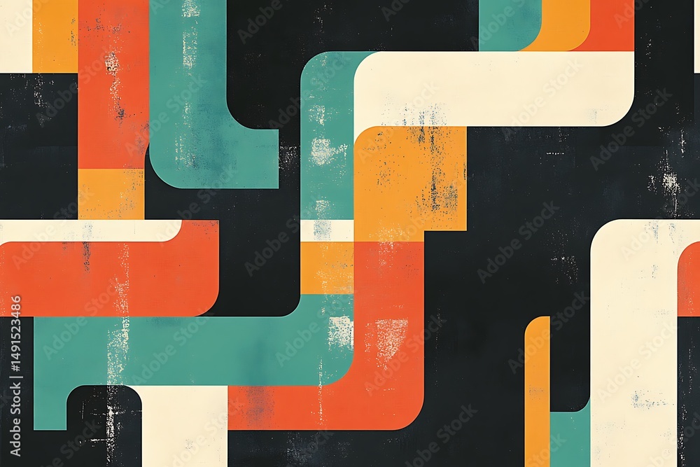 Poster retro styled intersecting blocks feature distressed textures and rounded corners on a dark backdrop