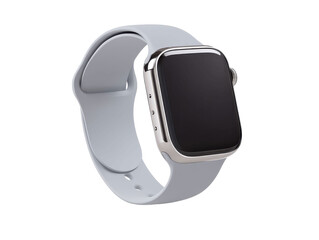 Silver apple watch series 8 with light grey sport band isolated on transparent background