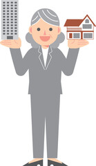 マンションと一戸建てを掲げるスーツ女性