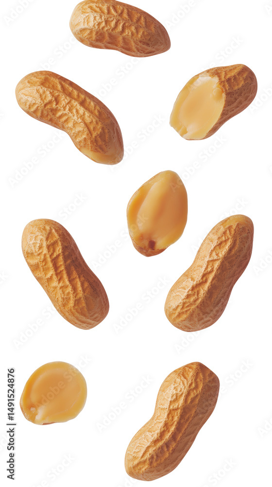 Poster close-up of peeled and whole roasted peanuts showing texture and color in a random arrangement on a 