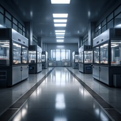 Fototapeta premium Modern laboratory interior with advanced equipment and clean design, featuring rows of glass containers and high-tech instruments, showcasing a sterile and efficient research environment