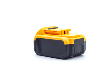 Fototapeta premium Yellow power tool battery, designed for professional use.