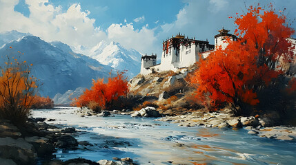 red and white minimalist art ancient landscape illustration abstract background decorative painting


