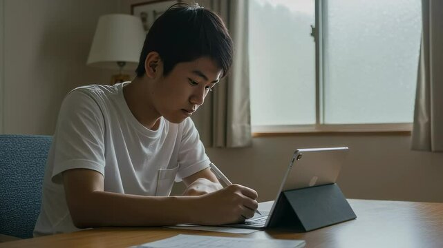 自宅でタブレットPCで勉強してガッツポーズする、男子中学生