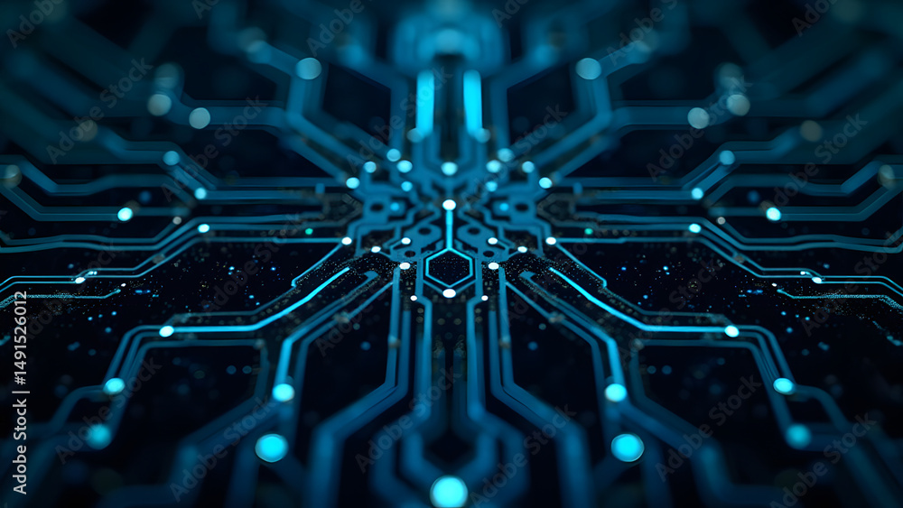 Aufkleber fractal-like branching circuits with glowing silver traces, analog tech texture, cosmic sci-fi backg