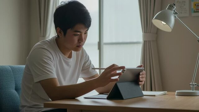 自宅でタブレットPCを使って勉強する、男子高校生
