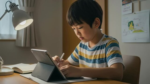 自宅でタブレットPCを使って勉強する、男子小学生