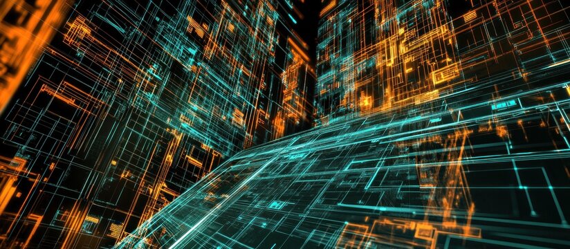 futuristic cityscapes with intricate digital lines create an imm