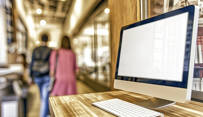Fototapeta premium Modern apple imac computer with blank screen placed on wooden desk with blurred out people in background