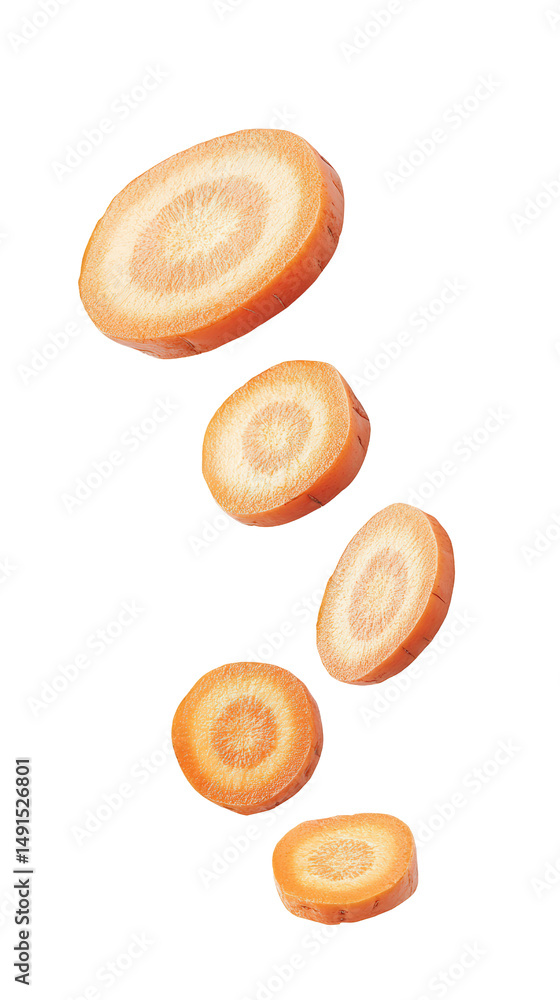 Poster floating slices of fresh ginger with a light background showing detailed texture and color in a vert