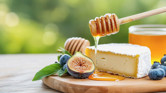 Delicious honey and honey syrup drizzled over a rustic cheese board with blue cheese and fresh figs