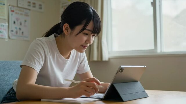 自宅でタブレットPCで楽しそうに勉強する、女子高校生