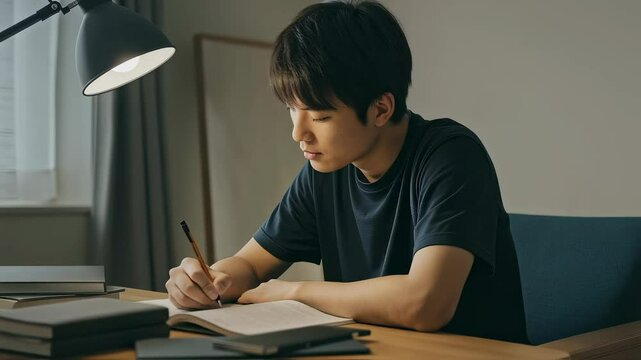 自宅で複数の本を広げてノートをとって勉強する、男子高校生