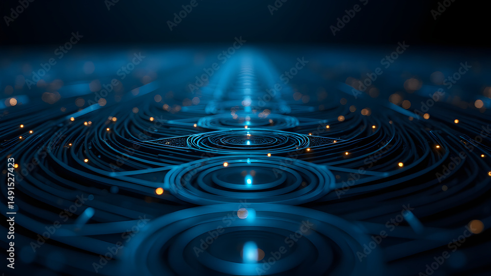 Poster geometric triangular spirals with glowing nodes, futuristic circuit board design, high-tech digital 